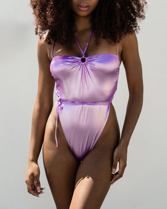 Tulle foil one-piece swimsuit