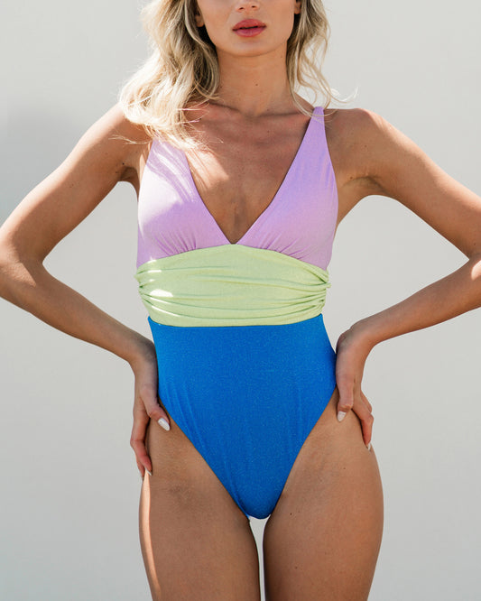 Tricolor glitter one-piece swimsuit