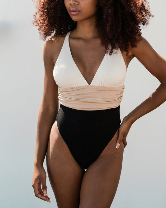 Tricolor glitter one-piece swimsuit